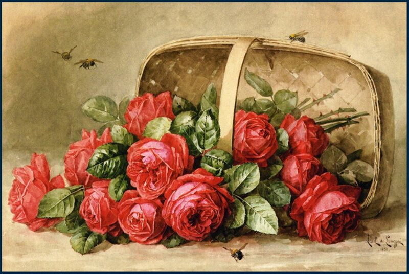 Red Roses in Basket — Serene, Painting, Bees