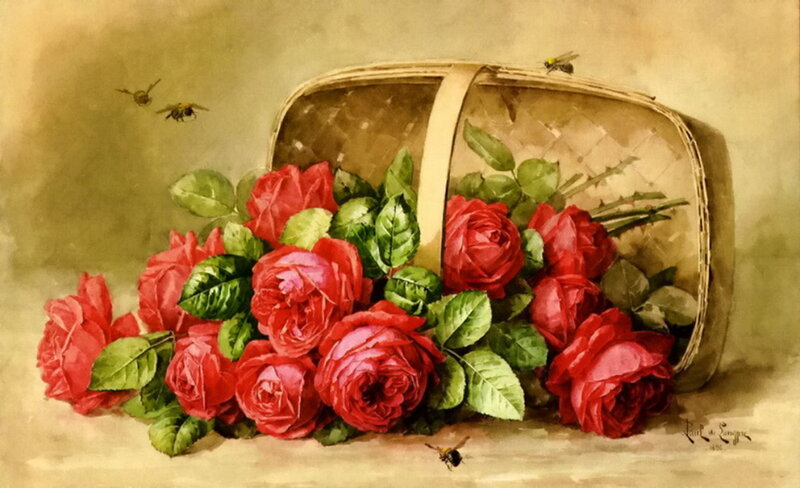 Red Roses in Basket — Serene, Painting