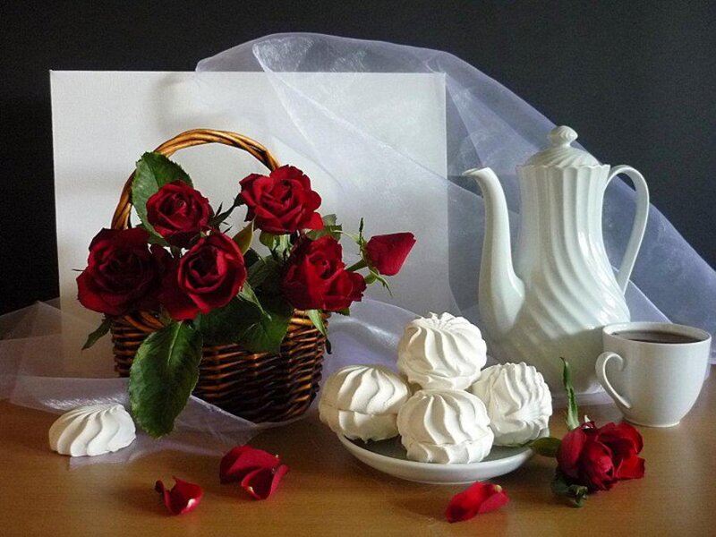 Red Roses in Basket — Serene, Photograph, Marshmallows