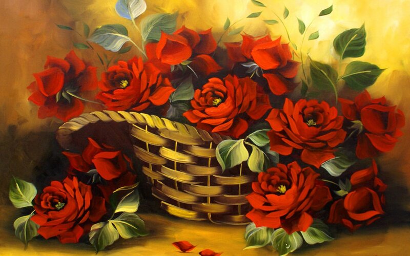 Red Roses in Basket — Warm, Painting, Leaves