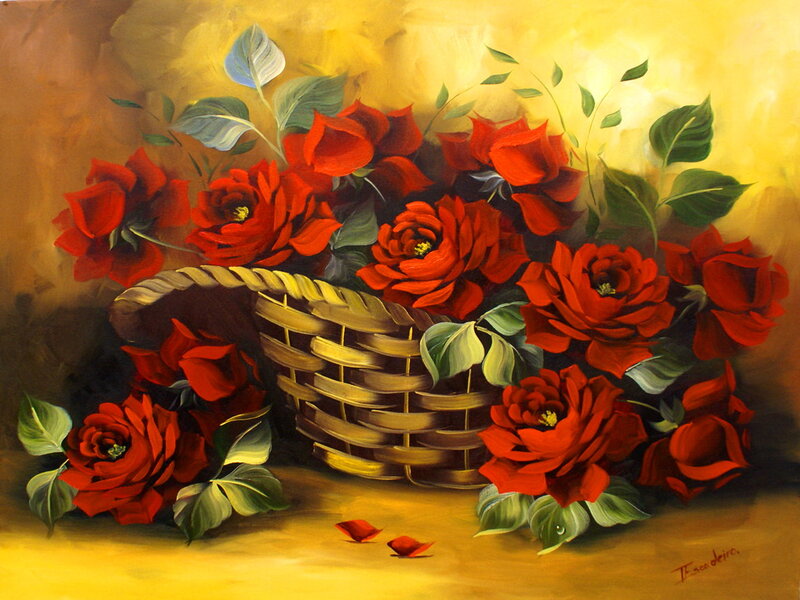 Red Roses in Basket — Warm, Painting