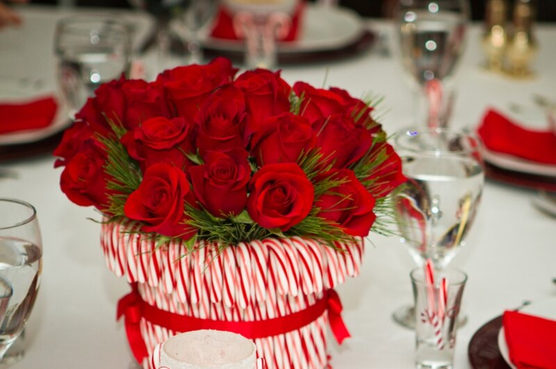 Red Roses in Candy Cane Holder