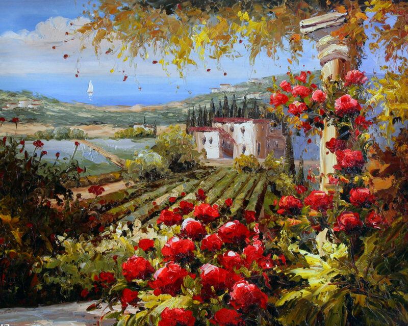 Red Roses in Garden — Serene, Afternoon, Painting