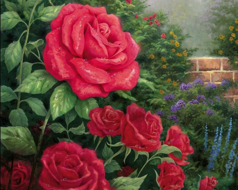 Red Roses in Garden — Serene, Spring, Painting, Green Leaves