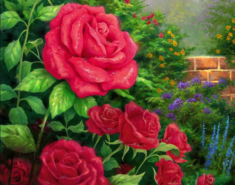 Red Roses in Garden — Serene, Spring, Painting