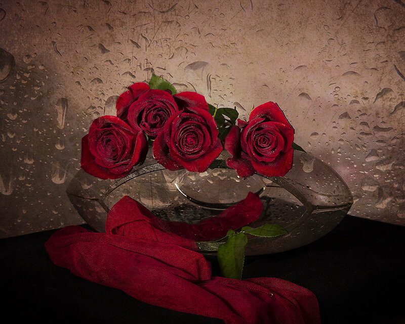 Red Roses in Glass Bowl — Dramatic