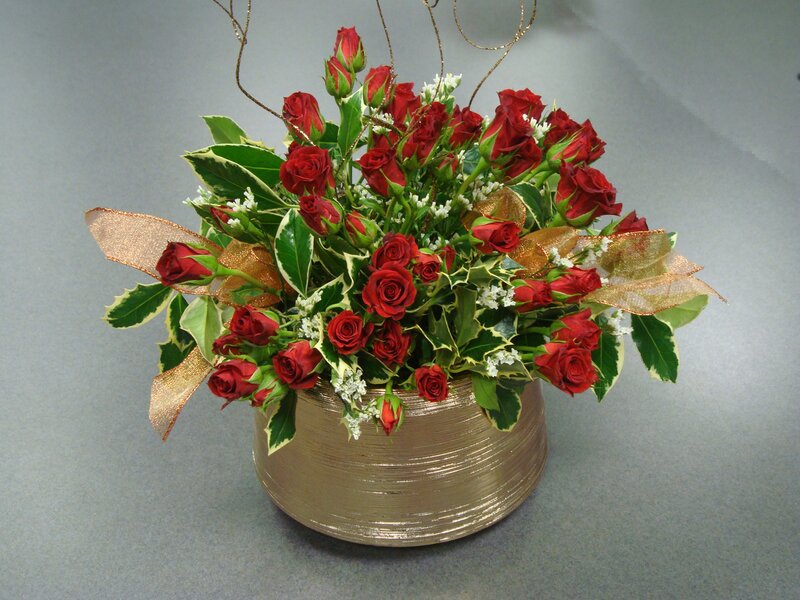 Red Roses in Gold Vase
