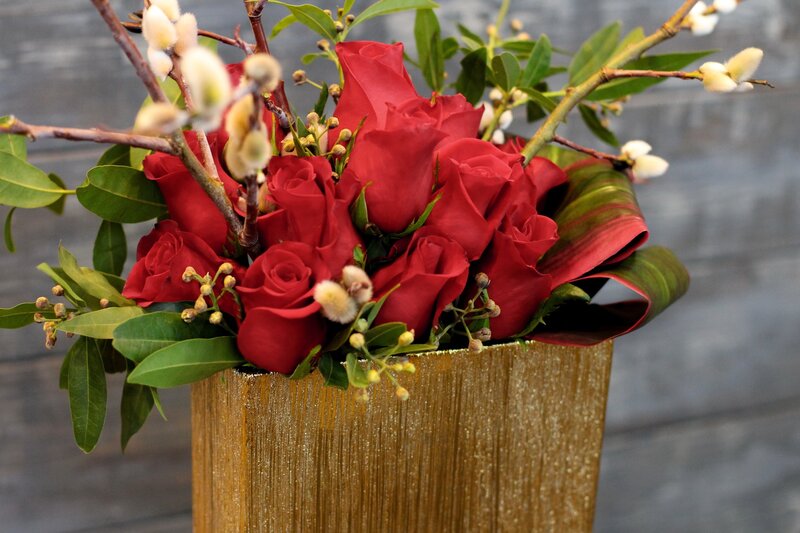 Red Roses in Golden Vase