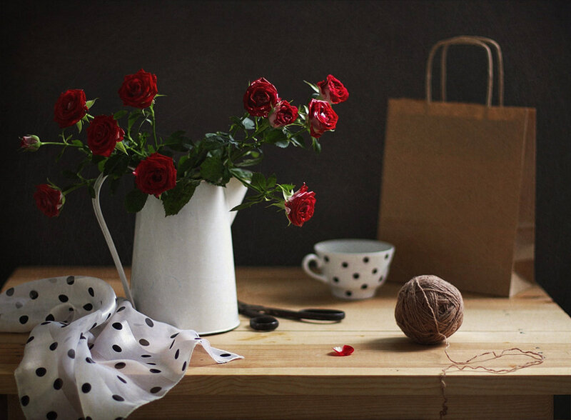 Red Roses in Pitcher — White