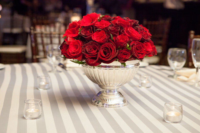 Red Roses in Silver Bowl