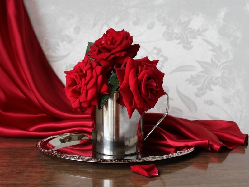 Red Roses in Silver Pitcher