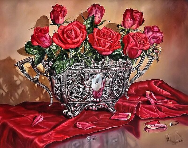 Red Roses in Silver Vase — Dramatic