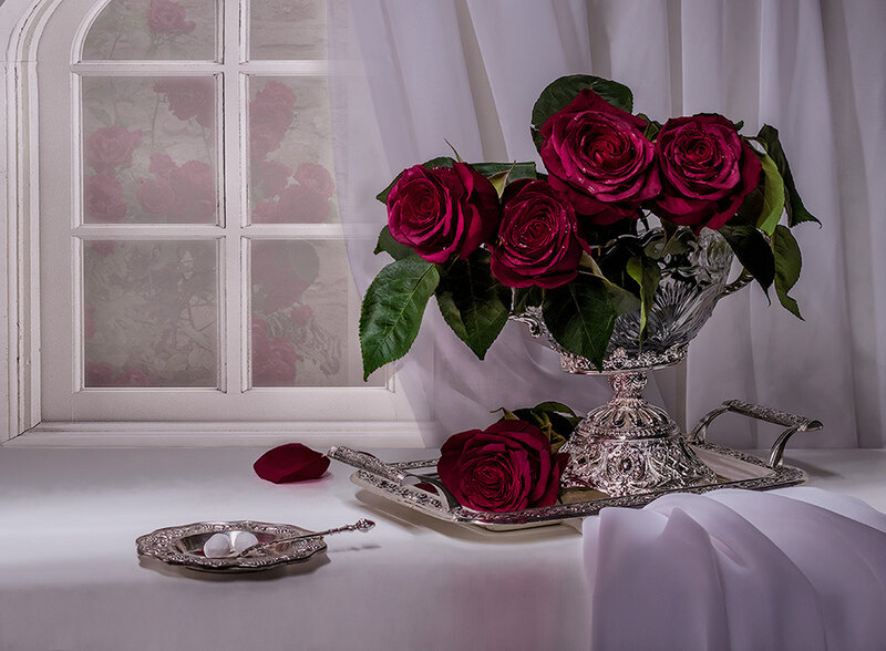 Red Roses in Silver Vase — Serene