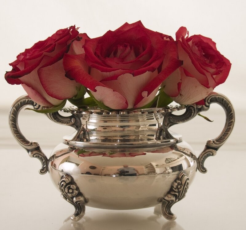Red Roses in Silver Vase