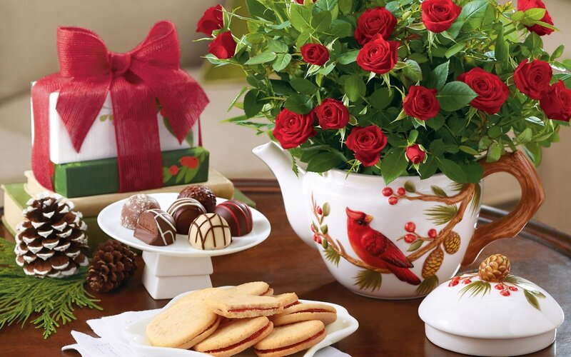 Red Roses in Teapot — Festive, Winter, Photograph, Chocolates