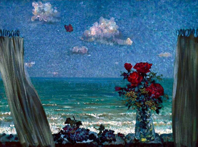 Red Roses in Vase — Blue