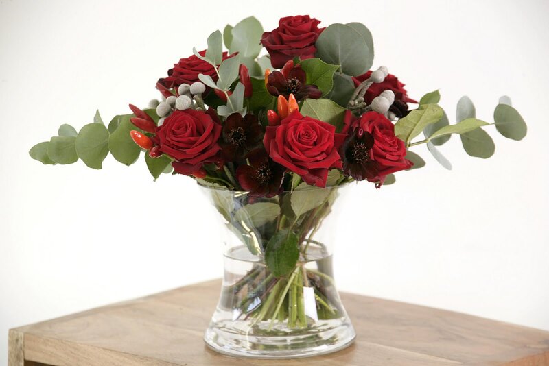 Red Roses in Vase — Calm, Photograph, Eucalyptus