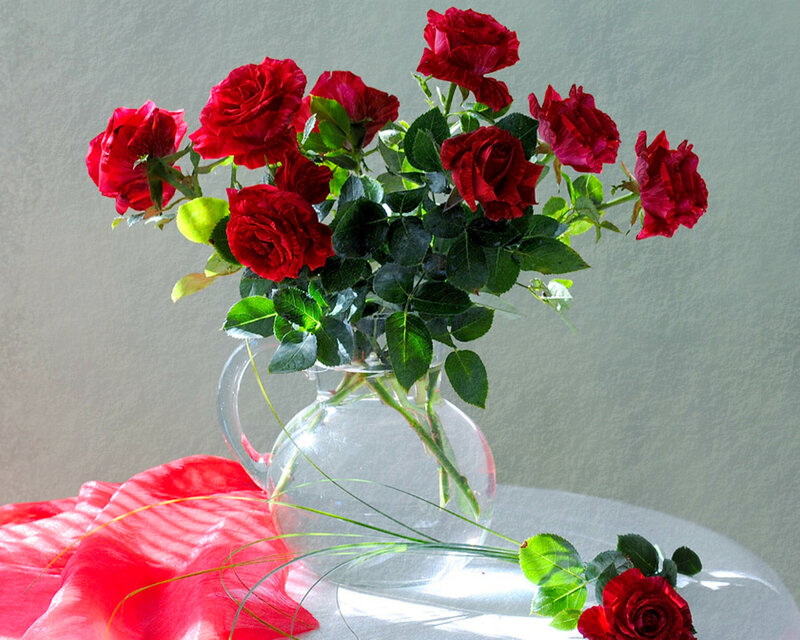 Red Roses in Vase — Calm, Photograph, Fabric