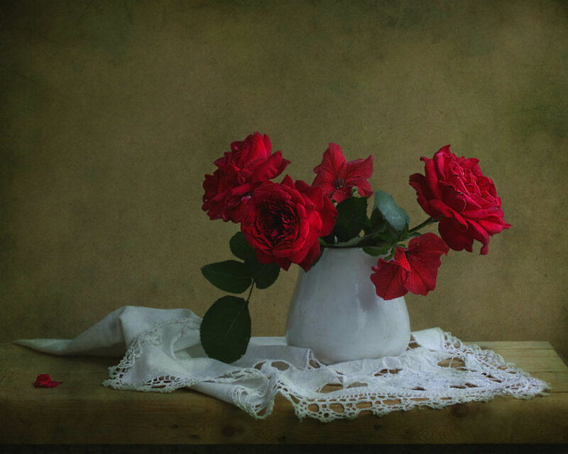 Red Roses in Vase — Calm, Photograph, Lace Cloth