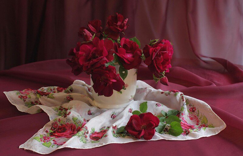 Red Roses in Vase — Calm, Photograph, Scarf