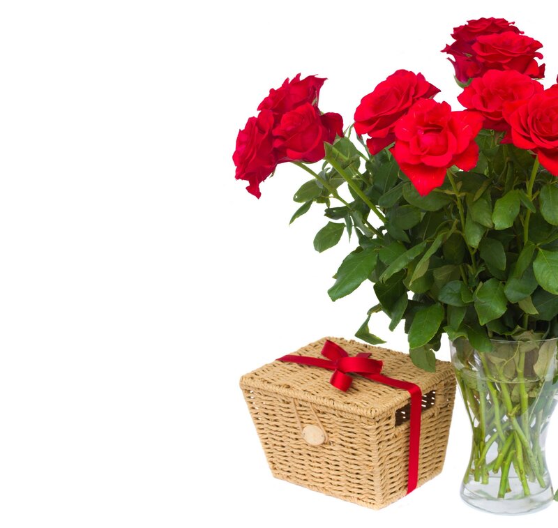 Red Roses in Vase — Calm, Photograph, Wicker Basket, Ribbon