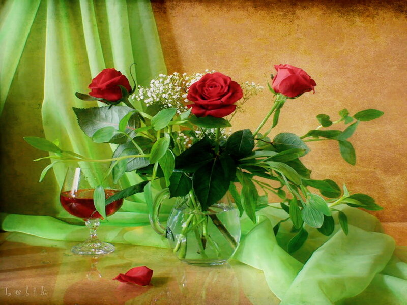 Red Roses in Vase — Calm, Photograph, Wine Glass