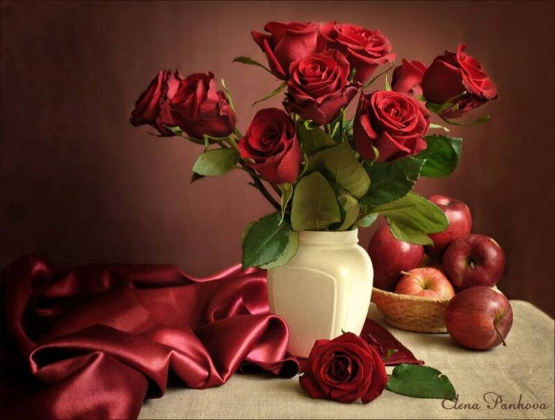 Red Roses in Vase — Dramatic, Photograph, Apples