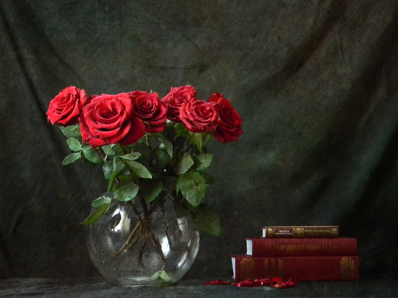 Red Roses in Vase — Dramatic, Photograph, Books