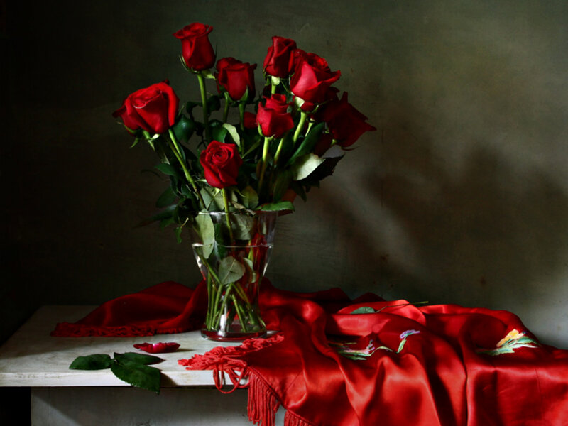 Red Roses in Vase — Dramatic, Photograph, Silk Cloth