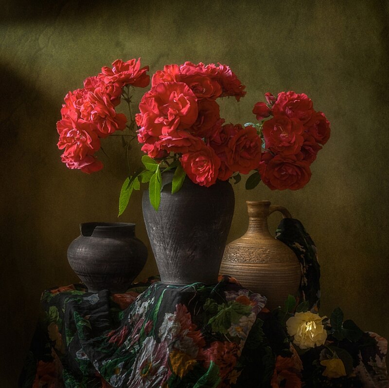 Red Roses in Vase — Dramatic, Photograph, Vases