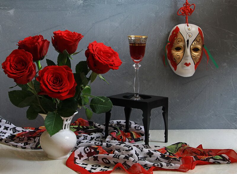 Red Roses in Vase — Dramatic, Photograph, Wine Glass