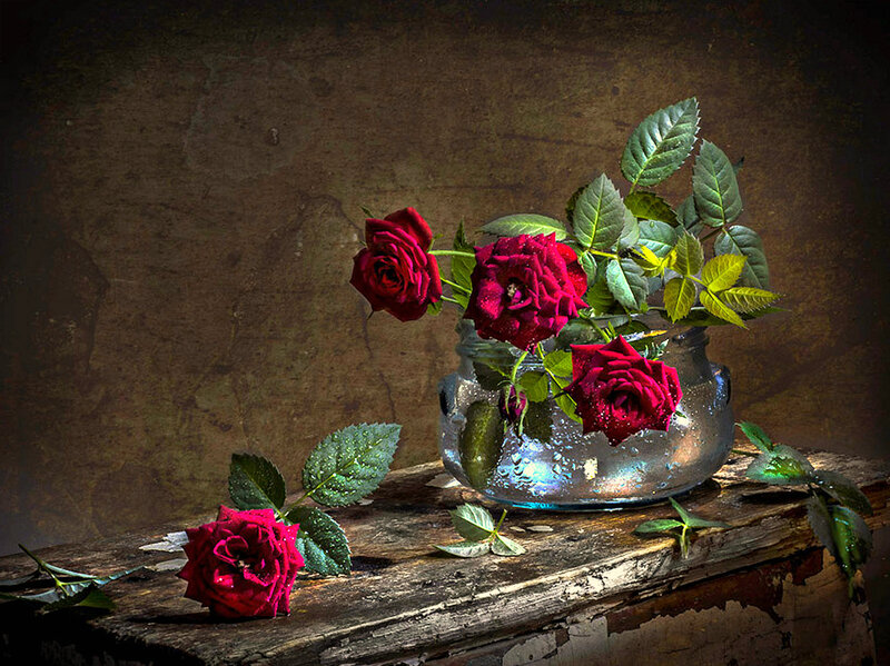 Red Roses in Vase — Dramatic, Photograph, Wooden Surface