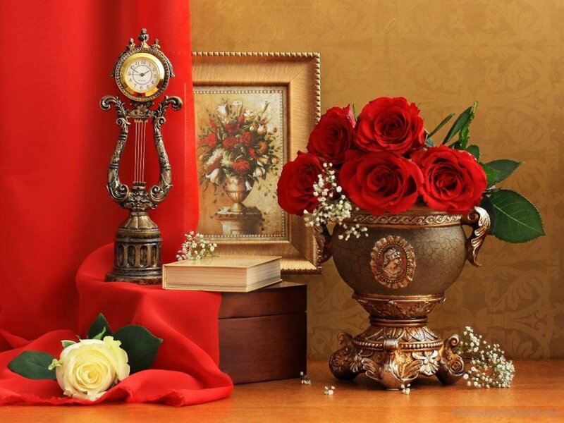 Red Roses in Vase — Elegant, Photograph, Clock, Book