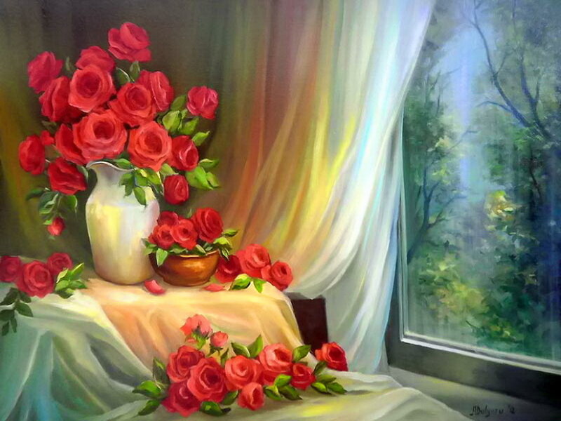 Red Roses in Vase — Serene, Morning