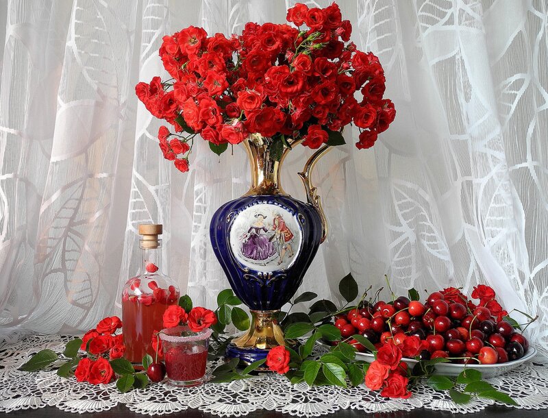 Red Roses in Vase — Serene, Photograph, Cherries