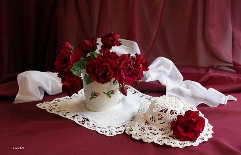 Red Roses in Vase — Serene, Photograph, Doily