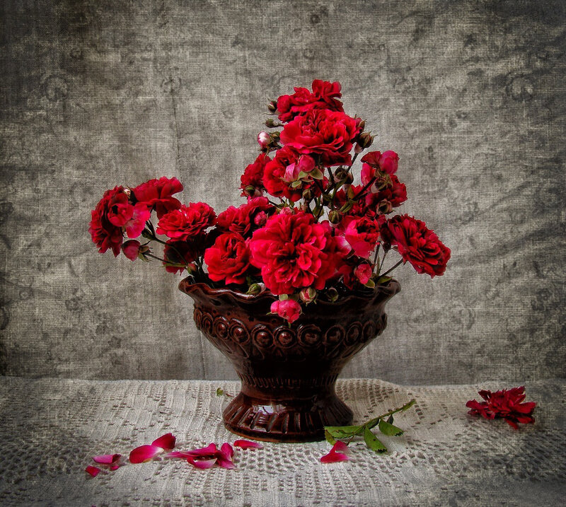 Red Roses in Vase — Still Life, Photograph, Petals