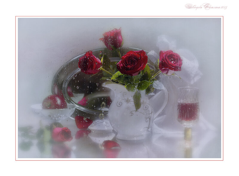 Red Roses in Vase — White, Serene