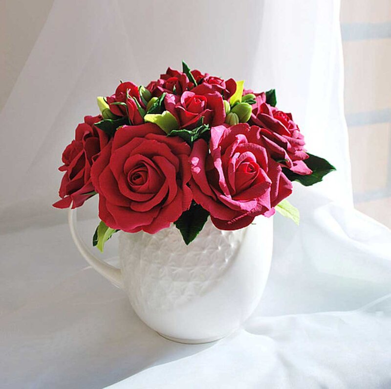 Red Roses in White Vase — Serene