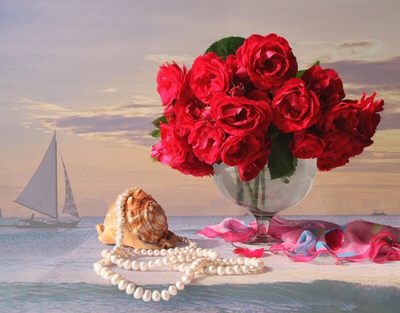Red Roses on Beach — Serene, Sunset