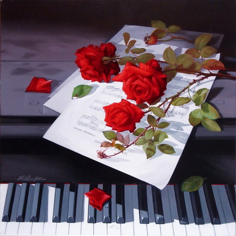 Red Roses on Piano — Serene, Painting