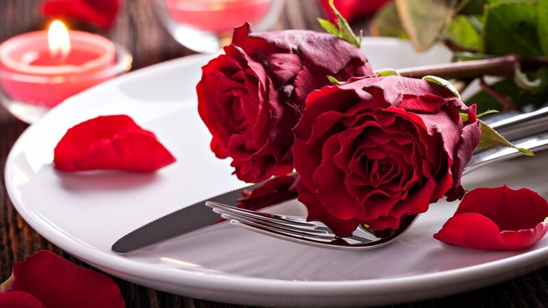 Red Roses on Plate — Romantic, Night, Photograph