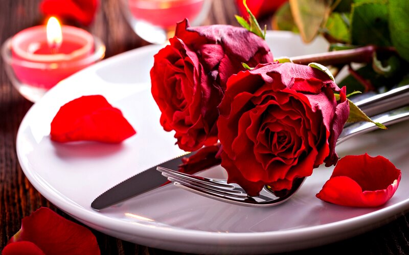 Red Roses on Plate — Romantic, Night