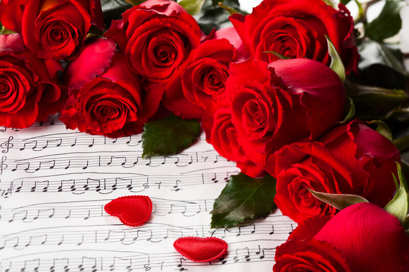 Red Roses on Sheet Music — Romantic, Photograph, Heart-shaped Objects