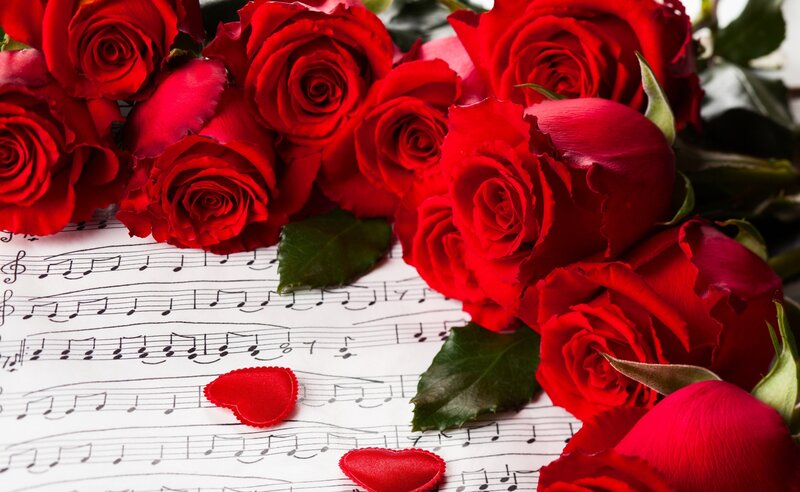 Red Roses on Sheet Music — Romantic, Photograph, Sheet Music, Heart Shapes, Leaves