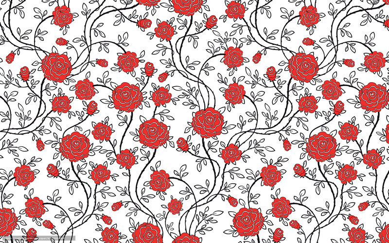 Red Roses on Vines — Ornate, Vector Art, Leaves