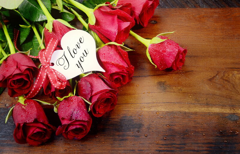Red Roses on Wood — Romantic, Photograph, Heart-shaped Tag