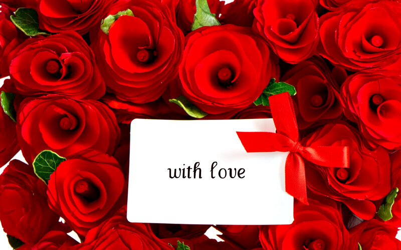 Red Roses with Card — Romantic, Photograph, Ribbon