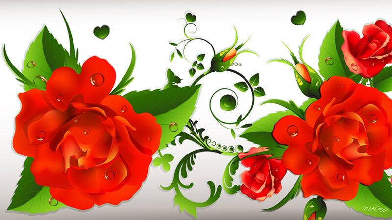 Red Roses with Green Leaves — Calm, Digital Art
