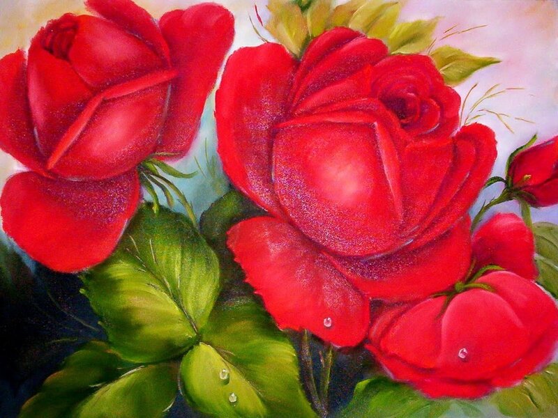 Red Roses with Green Leaves — Calm, Painting